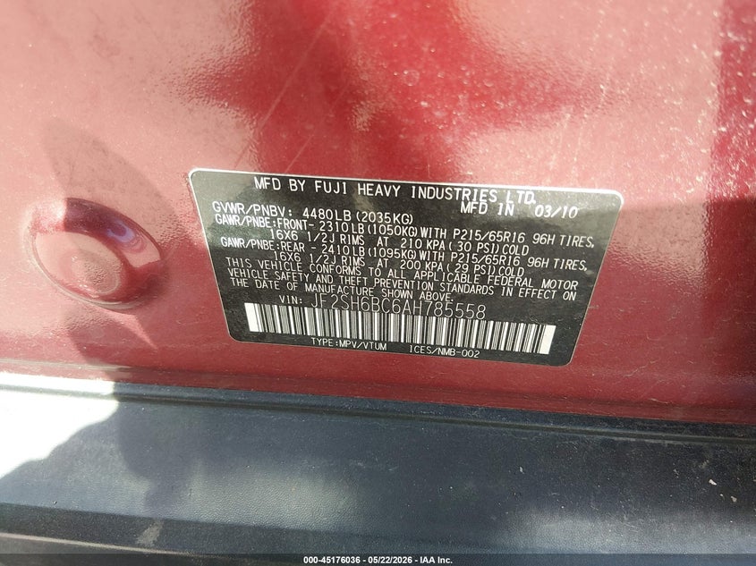 2010 Subaru Forester VIN JF2SH6BC6AH785558 IAAI salvage auction — FRONT END, Salvage (New Hampshire), sold $325 on 2026-07-15 (photo 9)