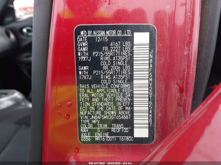 2016 Nissan Juke VIN JN8AF5MV2GT654887 IAAI salvage auction — RIGHT SIDE, Salvage Title, sold $25 on 2026-07-23 (photo 9)