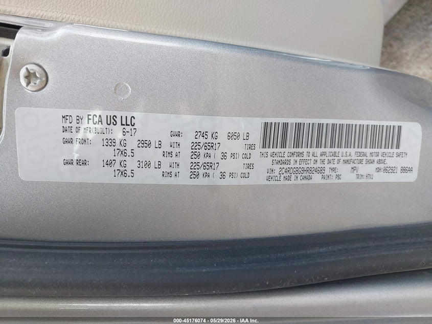 2017 Dodge Grand caravan VIN 2C4RDGBG9HR824689 IAAI salvage auction — LEFT REAR, SF97 (Oklahoma), sold $12,250 on 2026-07-09 (photo 9)