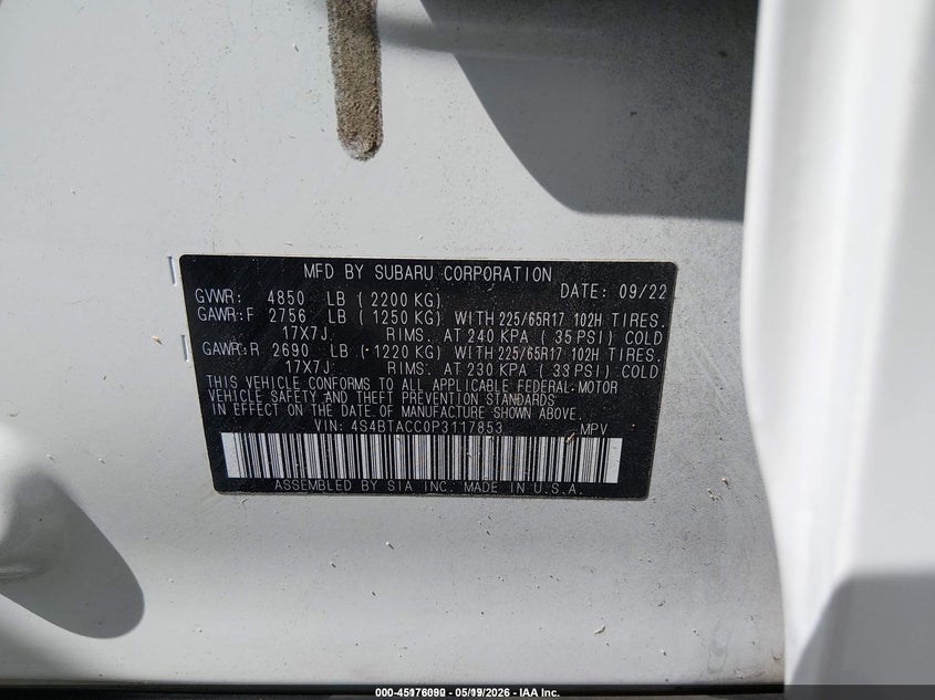 2023 Subaru Outback VIN 4S4BTACC0P3117853 IAAI salvage auction — LEFT REAR, Sf97 (Washington), sold $15,450 on 2026-07-09 (photo 9)