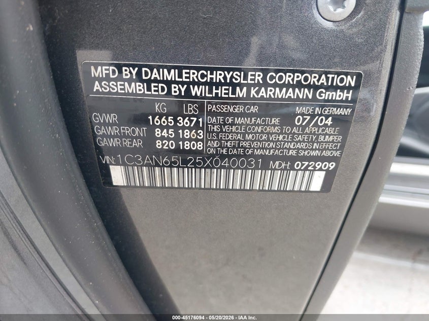 2005 Chrysler Crossfire VIN 1C3AN65L25X040031 IAAI salvage auction — MECHANICAL, Salvage (Texas), sold $425 on 2026-07-09 (photo 9)