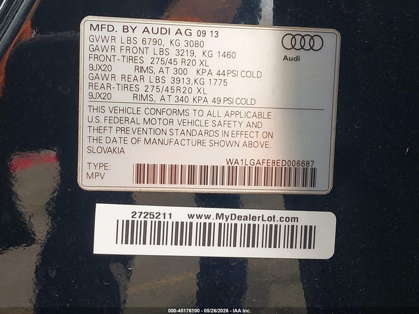 2014 Audi Q7 VIN WA1LGAFE8ED006687 IAAI salvage auction — FRONT END, Salvage (Oregon), sold $2,300 on 2026-07-07 (photo 9)