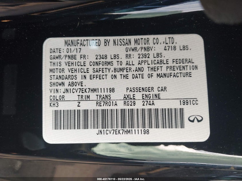 2017 Infiniti Q60 VIN JN1CV7EK7HM111198 IAAI salvage auction — RIGHT SIDE, Original (Texas), sold $3,300 on 2026-07-22 (photo 9)