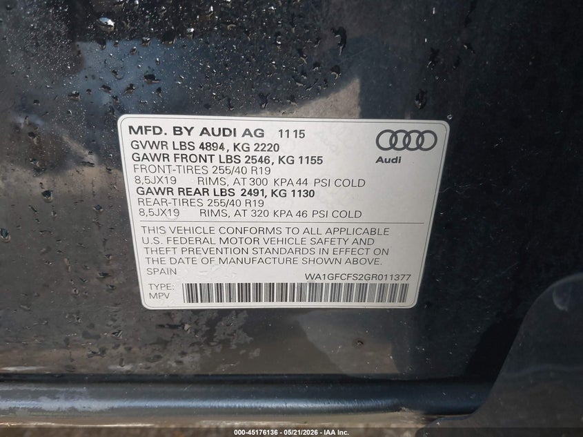 2016 Audi Q3 VIN WA1GFCFS2GR011377 IAAI salvage auction — LEFT REAR, Salvage (Missouri), sold $3,125 on 2026-07-28 (photo 9)