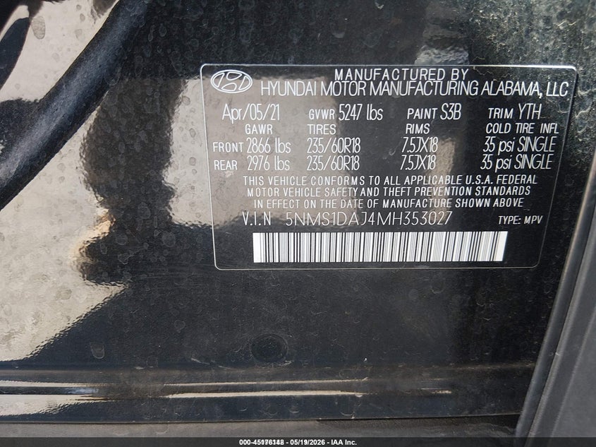 2021 Hyundai Santa fe VIN 5NMS1DAJ4MH353027 IAAI salvage auction — NORMAL WEAR, Sf97 (Washington), sold $12,200 on 2026-07-09 (photo 9)