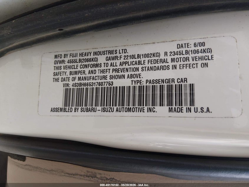 2001 Subaru Outback VIN 4S3BH665317607753 IAAI salvage auction — FRONT END, Salvage (Kansas), sold $25 on 2026-07-10 (photo 9)