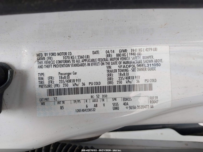 2014 Ford Focus VIN 1FADP3L96EL311050 IAAI salvage auction — FRONT & REAR, Salvage (Texas), sold $700 on 2026-07-20 (photo 9)