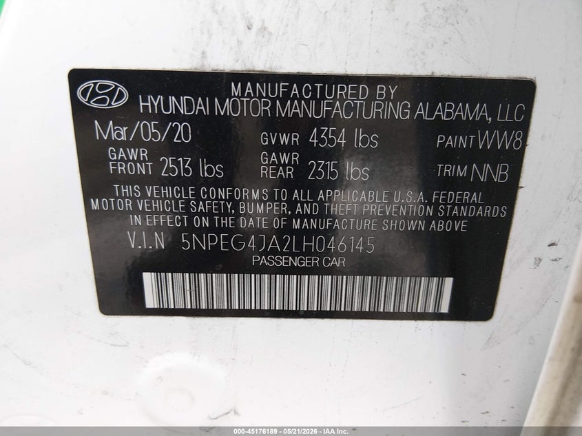2020 Hyundai Sonata VIN 5NPEG4JA2LH046145 IAAI salvage auction — SIDE, Salvage (Tennessee), sold $3,050 on 2026-07-17 (photo 9)