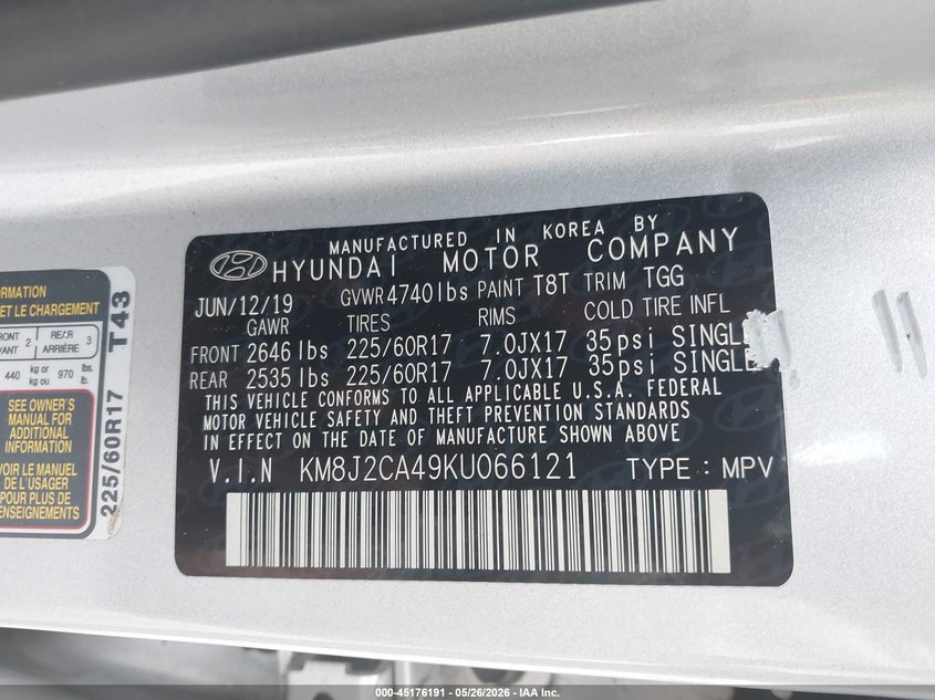 2019 Hyundai Tucson VIN KM8J2CA49KU066121 IAAI salvage auction — FRONT & REAR, Salvage (New Jersey), sold $2,900 on 2026-07-20 (photo 9)