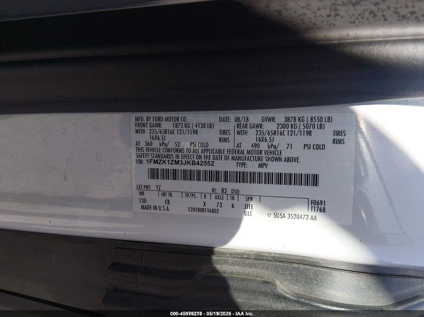 2018 Ford Transit 150 VIN 1FMZK1ZM3JKB42552 IAAI salvage auction — NORMAL WEAR, Sf97 (Washington), sold $16,325 on 2026-07-09 (photo 9)