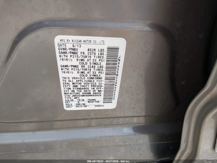 2013 Nissan Rogue VIN JN8AS5MV8DW665608 IAAI salvage auction — HAIL, Salvage Title, sold $1,200 on 2026-07-27 (photo 9)