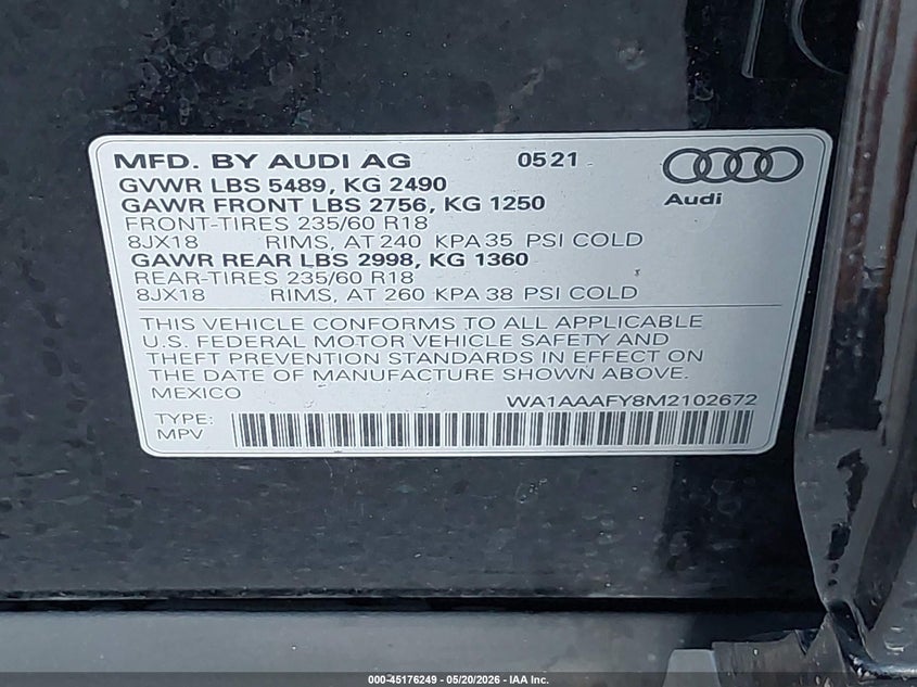 2021 Audi Q5 VIN WA1AAAFY8M2102672 IAAI salvage auction — FRONT END, Certificate Of Destruction (Florida), sold $4,500 on 2026-07-13 (photo 9)