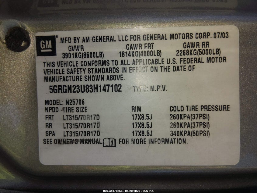 2003 Hummer H2 VIN 5GRGN23U83H147102 IAAI salvage auction — LEFT SIDE, Salvage (Nevada), sold $2,000 on 2026-07-24 (photo 9)
