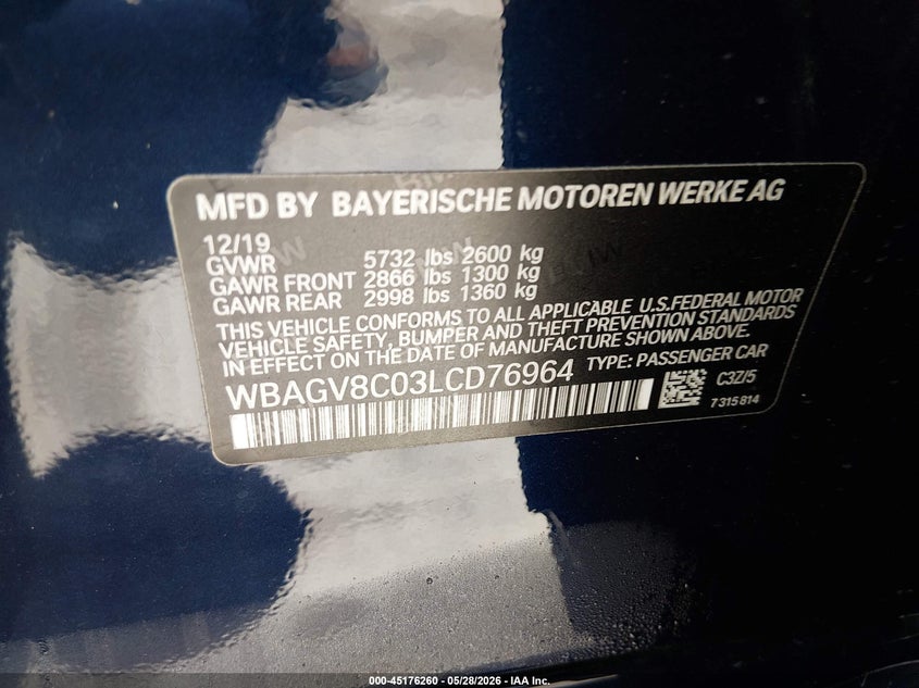 2020 BMW 8er VIN WBAGV8C03LCD76964 IAAI salvage auction — WATER/FLOOD, Salvage Title, sold $22,350 on 2026-07-13 (photo 9)