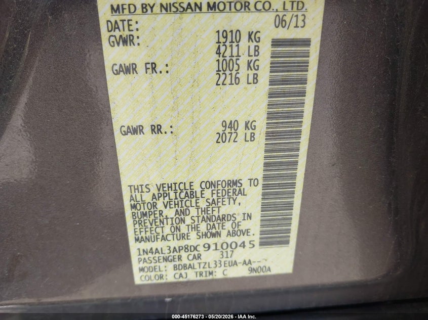2013 Nissan Altima VIN 1N4AL3AP8DC910045 IAAI salvage auction — LEFT FRONT, Salvage (Illinois), sold $600 on 2026-07-11 (photo 9)