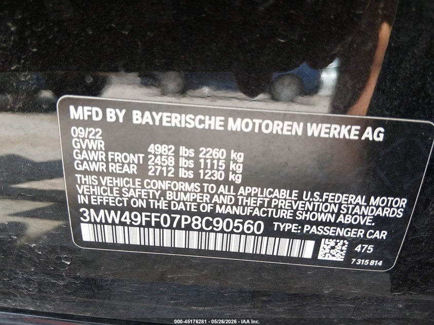 2023 BMW 3er VIN 3MW49FF07P8C90560 IAAI salvage auction — FRONT END, Original (Texas), sold $25,000 on 2026-07-28 (photo 9)