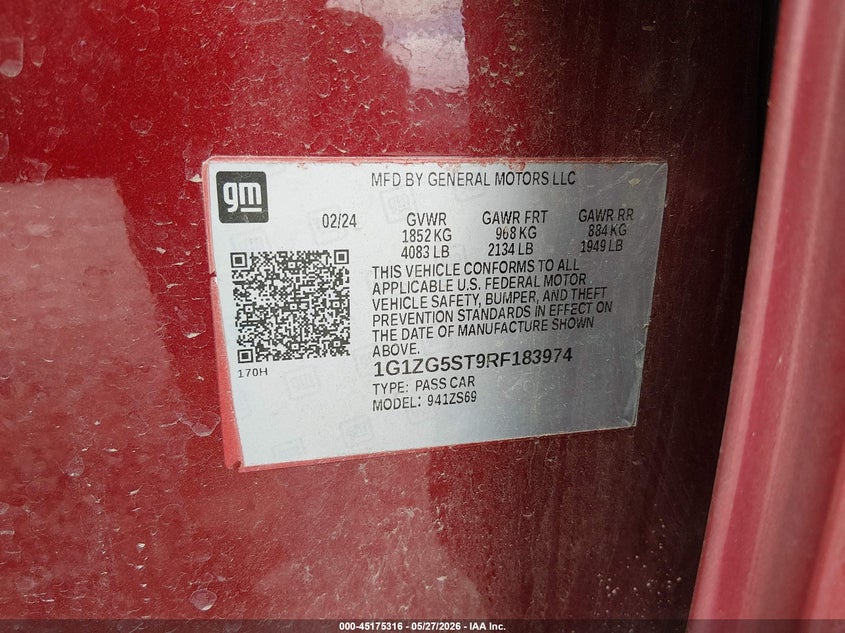 2024 Chevrolet Malibu VIN 1G1ZG5ST9RF183974 IAAI salvage auction — HAIL, Clear (Missouri), sold $9,200 on 2026-07-20 (photo 9)