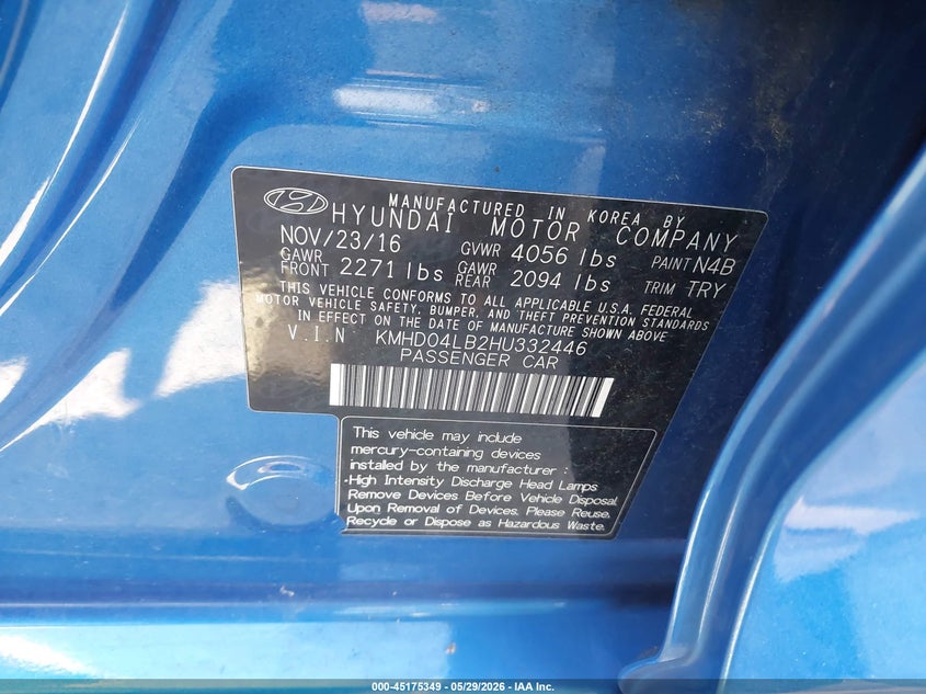 2017 Hyundai Elantra VIN KMHD04LB2HU332446 IAAI salvage auction — LEFT SIDE, Salvage Title, sold $1,950 on 2026-07-17 (photo 9)