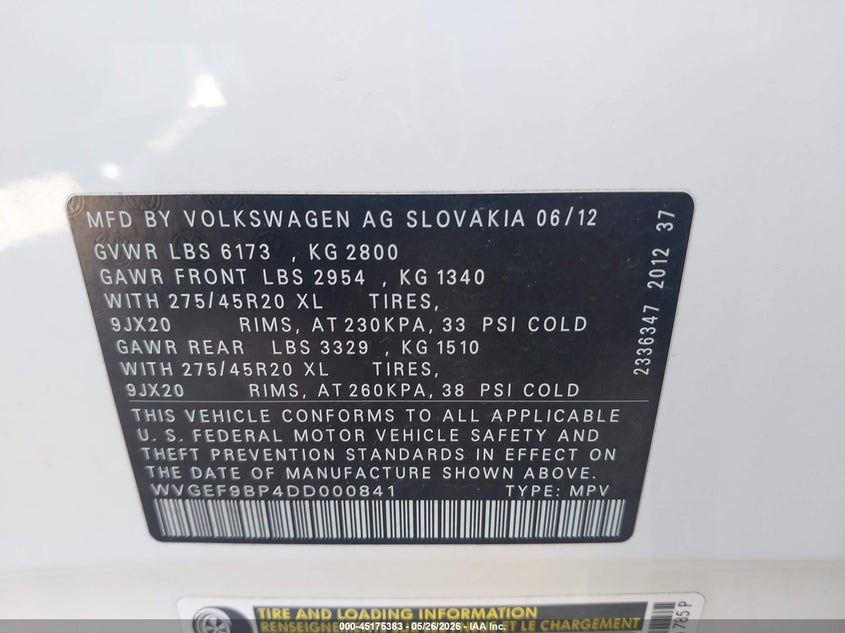2013 Volkswagen Touareg VIN WVGEF9BP4DD000841 IAAI salvage auction — FRONT END, Original (Texas), sold $775 on 2026-07-28 (photo 9)