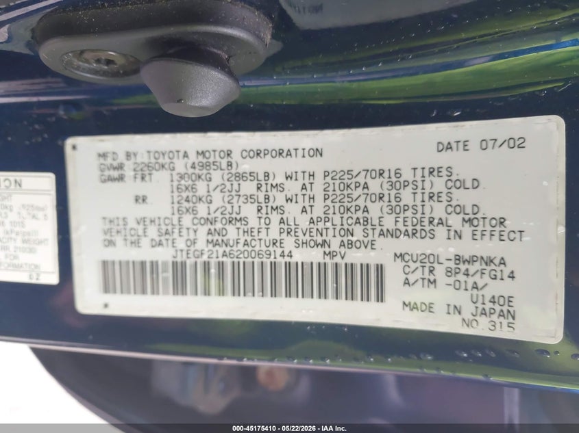 2002 Toyota Highlander VIN JTEGF21A620069144 IAAI salvage auction — FRONT END, Salvage (Ohio), sold $25 on 2026-07-06 (photo 9)