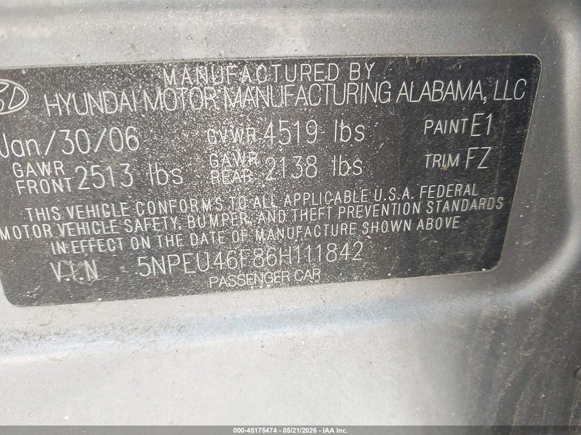 2006 Hyundai Sonata VIN 5NPEU46F86H111842 IAAI salvage auction — THEFT, Prior Salvage (Minnesota), sold $25 on 2026-07-29 (photo 9)