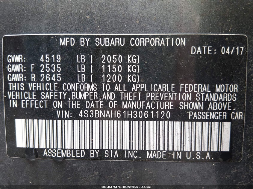 2017 Subaru LEGACY VIN 4S3BNAH61H3061120 IAAI salvage auction — FRONT END, Salvage (Tennessee), sold $750 on 2026-07-09 (photo 9)