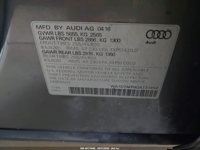 2016 Audi Q5 VIN WA1D7AFP4GA131454 IAAI salvage auction — FRONT END, Salvage (Texas), sold $1,250 on 2026-07-31 (photo 9)