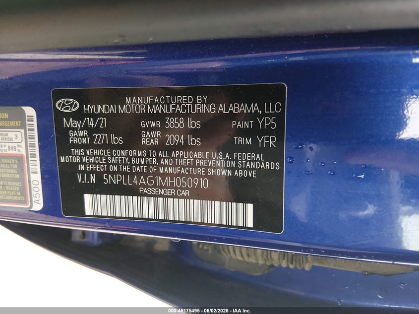2021 Hyundai Elantra VIN 5NPLL4AG1MH050910 IAAI salvage auction — HAIL, Salvage Title, sold $3,550 on 2026-07-10 (photo 9)