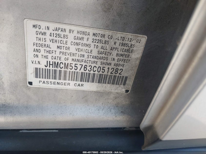 2003 Honda Accord VIN JHMCM55763C051282 IAAI salvage auction — NORMAL WEAR, Clear - Dealer Only (California), sold $750 on 2026-07-06 (photo 9)