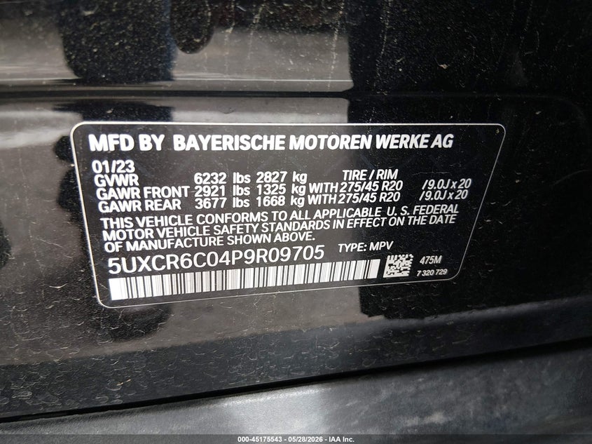 2023 BMW X5 VIN 5UXCR6C04P9R09705 IAAI salvage auction — FRONT END, Salvage Title, sold $22,700 on 2026-07-17 (photo 9)