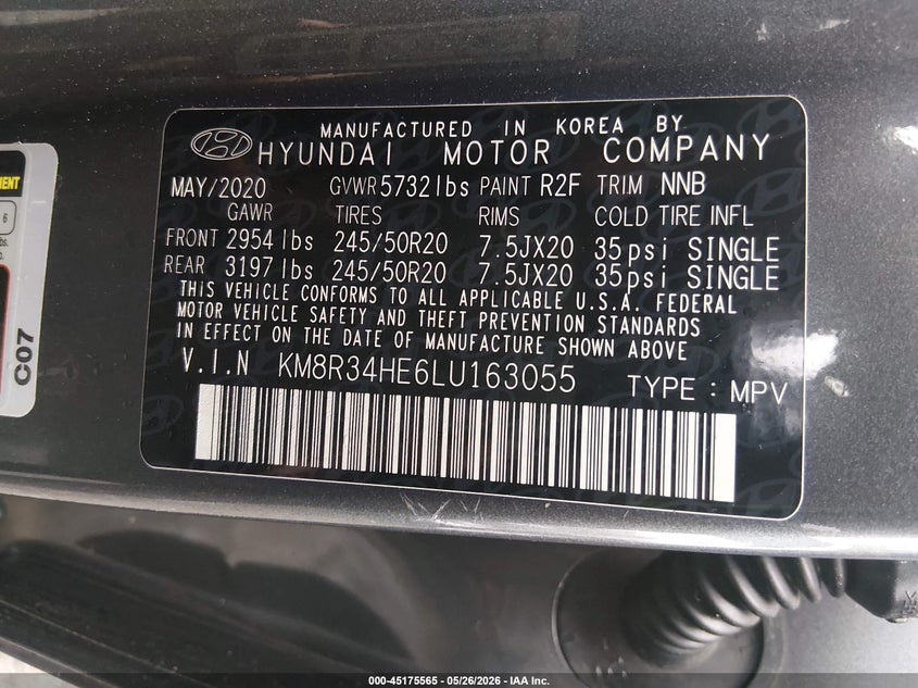 2020 Hyundai Palisade VIN KM8R34HE6LU163055 IAAI salvage auction — REAR END, Salvage - Greater Than 75% (Maryland), sold $6,400 on 2026-07-31 (photo 9)