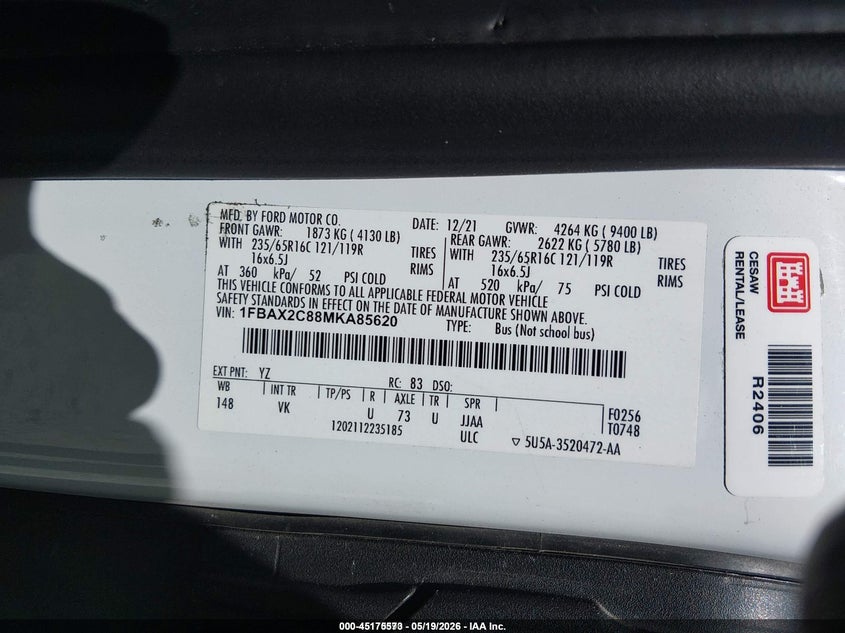 2021 Ford Transit-350 VIN 1FBAX2C88MKA85620 IAAI salvage auction — NORMAL WEAR, Sf97 (North Carolina), sold $24,600 on 2026-07-16 (photo 9)