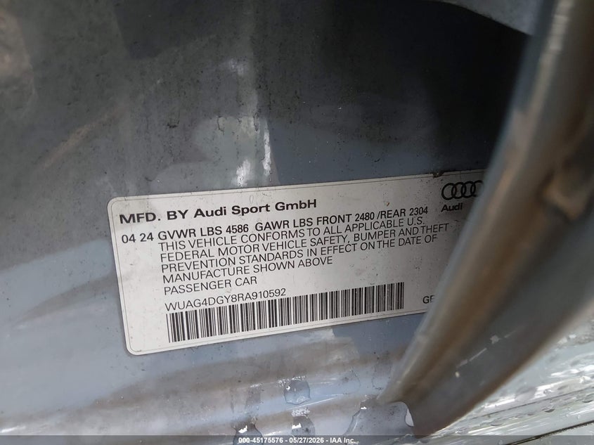 2024 Audi Rs3 VIN WUAG4DGY8RA910592 IAAI salvage auction — RIGHT FRONT, Salvage Title, sold $23,200 on 2026-07-27 (photo 9)