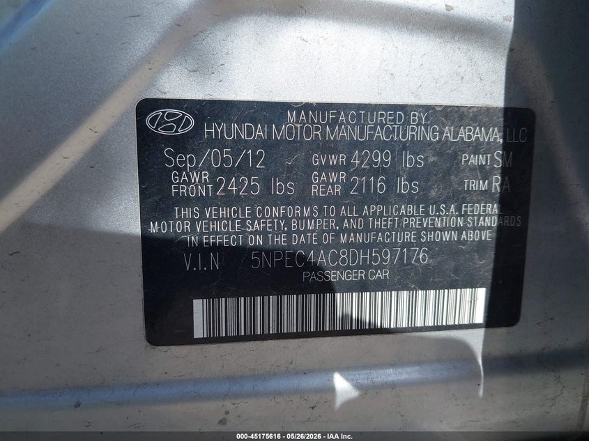 2013 Hyundai Sonata VIN 5NPEC4AC8DH597176 IAAI salvage auction — HAIL, Clear (Missouri), sold $175 on 2026-07-13 (photo 9)