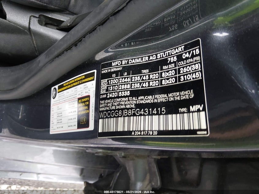 2015 Mercedes-benz Glk-klasse VIN WDCGG8JB8FG431415 IAAI salvage auction — LEFT FRONT, Salvage (Kentucky), sold $3,150 on 2026-07-20 (photo 9)
