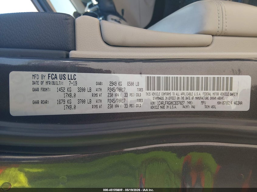2019 Jeep Grand cherokee VIN 1C4RJFAG0KC837027 IAAI salvage auction — NORMAL WEAR, Sf97 (Maryland), sold $12,500 on 2026-07-21 (photo 9)