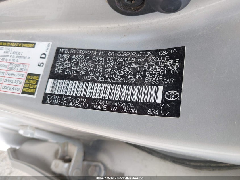 2016 Toyota Prius v VIN JTDZN3EU4GJ040799 IAAI salvage auction — REAR END, Salvage (Iowa), sold $3,900 on 2026-07-13 (photo 9)
