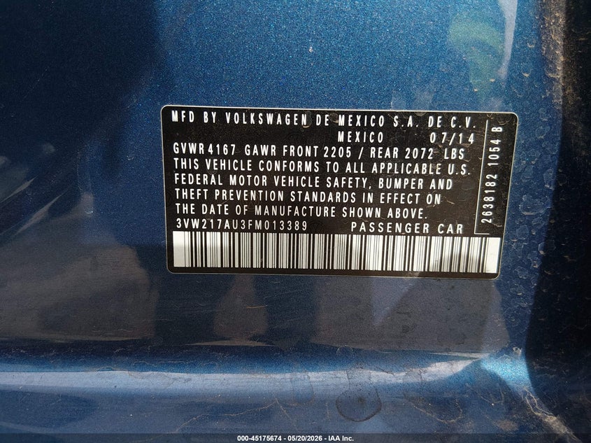 2015 Volkswagen Golf VIN 3VW217AU3FM013389 IAAI salvage auction — RIGHT REAR, Salvage (Arizona), sold $1,600 on 2026-07-09 (photo 9)