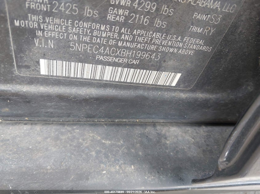 2011 Hyundai Sonata VIN 5NPEC4ACXBH199643 IAAI salvage auction — HAIL, Original (Texas), sold $25 on 2026-07-28 (photo 9)