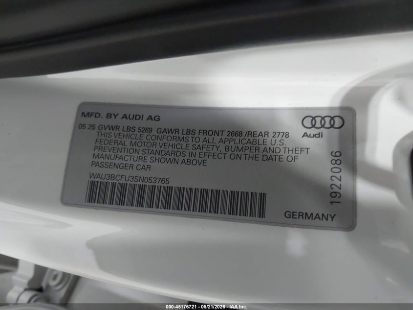 2025 Audi A5 VIN WAU3BCFU3SN053765 IAAI salvage auction — FRONT END, Mv-907A (New York), sold $10,000 on 2026-07-24 (photo 9)