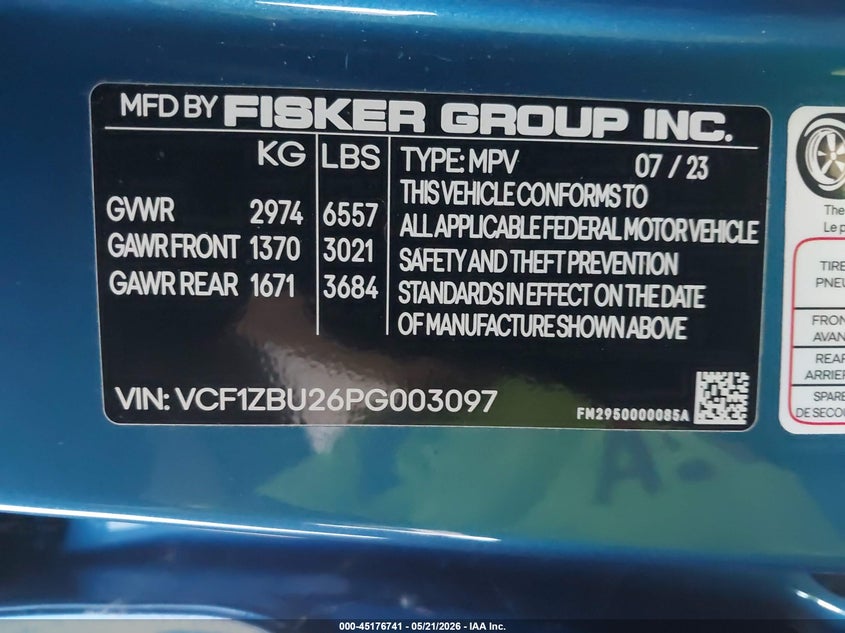 2023 Fisker Ocean VIN VCF1ZBU26PG003097 IAAI salvage auction — NORMAL WEAR, Clear (Indiana), sold $12,100 on 2026-08-04 (photo 9)