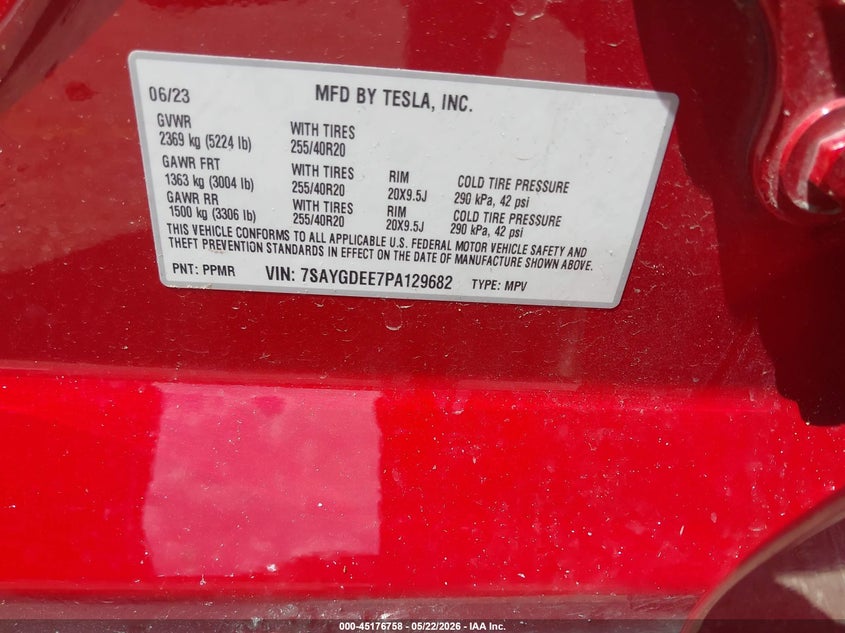 2023 Tesla Model y VIN 7SAYGDEE7PA129682 IAAI salvage auction — LEFT REAR, Salvage (Texas), sold $7,600 on 2026-07-16 (photo 9)