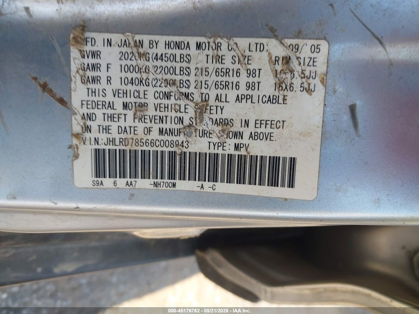 2006 Honda Cr-v VIN JHLRD78566C008943 IAAI salvage auction — FRONT END, Clear (Michigan), sold $475 on 2026-07-13 (photo 9)