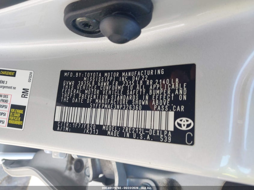 2022 Toyota Corolla VIN 5YFEPMAE3NP326360 IAAI salvage auction — RIGHT SIDE, Salvage (Oregon), sold $3,350 on 2026-07-09 (photo 9)