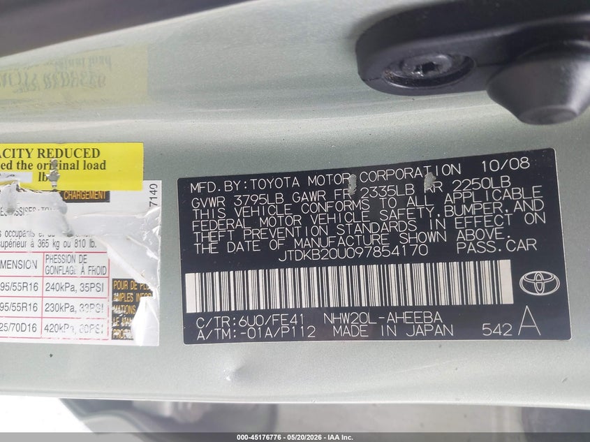 2009 Toyota Prius VIN JTDKB20U097854170 IAAI salvage auction — LEFT FRONT, Salvage (Texas), sold $275 on 2026-07-15 (photo 9)
