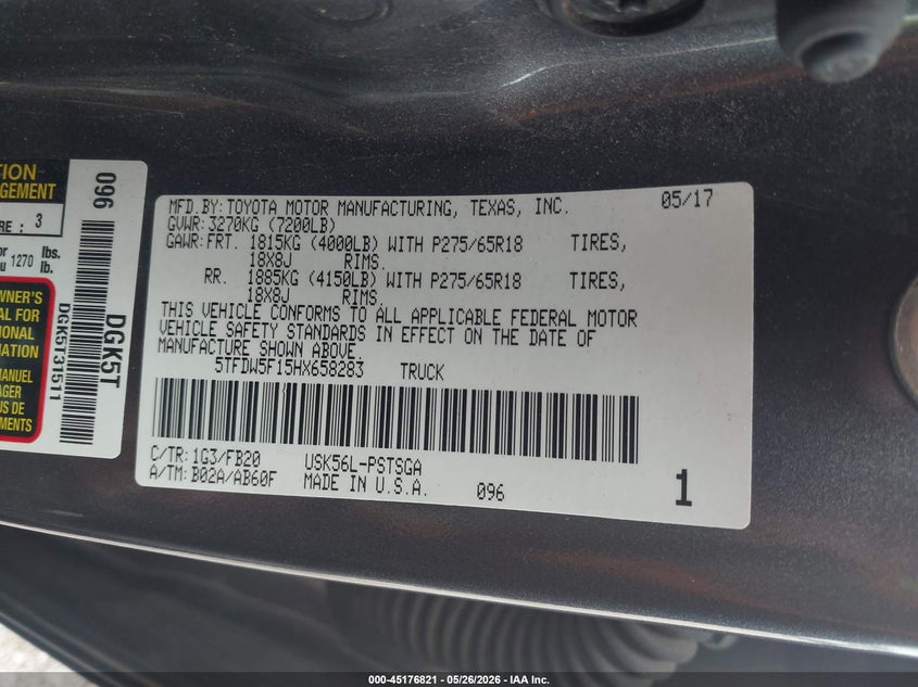 2017 Toyota Tundra VIN 5TFDW5F15HX658283 IAAI salvage auction — FRONT & REAR, Salvage (Illinois), sold $9,200 on 2026-07-12 (photo 9)