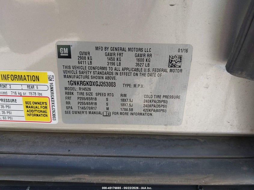 2016 Chevrolet Traverse VIN 1GNKRGKDXGJ263003 IAAI salvage auction — ROLLOVER, Non-Repairable Certificate (California), sold $425 on 2026-08-02 (photo 9)