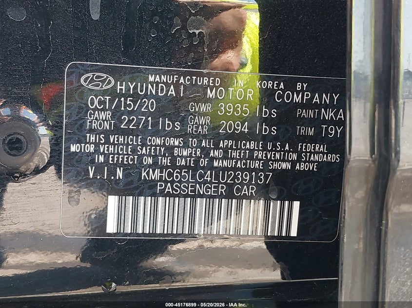 2020 Hyundai Ioniq VIN KMHC65LC4LU239137 IAAI salvage auction — REAR END, Salvage (California), sold $1,250 on 2026-07-22 (photo 9)