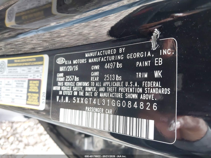 2016 Kia Optima VIN 5XXGT4L31GG084826 IAAI salvage auction — RIGHT FRONT, Salvage (Louisiana), sold $250 on 2026-07-22 (photo 9)