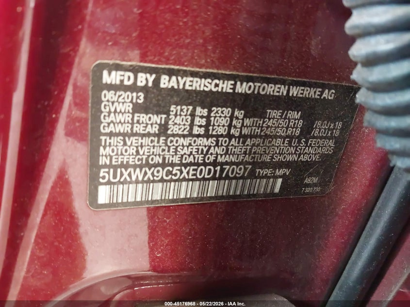 2014 BMW X3 VIN 5UXWX9C5XE0D17097 IAAI salvage auction — UNDERCARRIAGE, Salvage (Colorado), sold $1,900 on 2026-07-29 (photo 9)